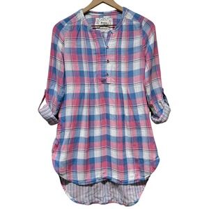 Holding Horses Anthropologie Tunic Top 4 Blue Pink Plaid Roll Tab Sleeve Cottage